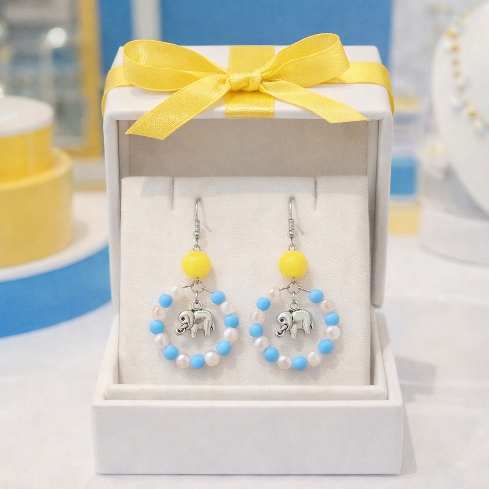 Earrings Yellow, Blue & White with Silver Elephant Faux Pearls Dangle